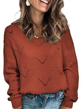 Womens Hollow Knit Sweater Loose Crewneck Pullover Long Sleeve Fall Winter